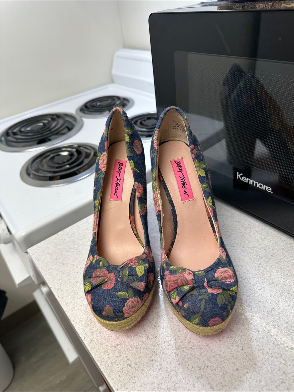 Betsey Johnson Navy Floral Platform Wedges with Bow Detail